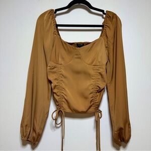 FOREVER 21 Ruched Off Shoulder Crop Top Tan Brown Drawstring Blouse Size L
